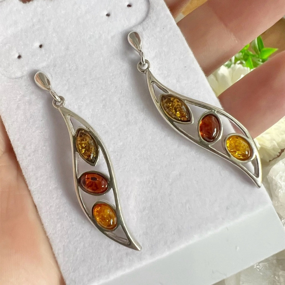 Solid Sterling Silver 925 Genuine Amber 3 Gemstone Earrings New - Picture 5 of 9